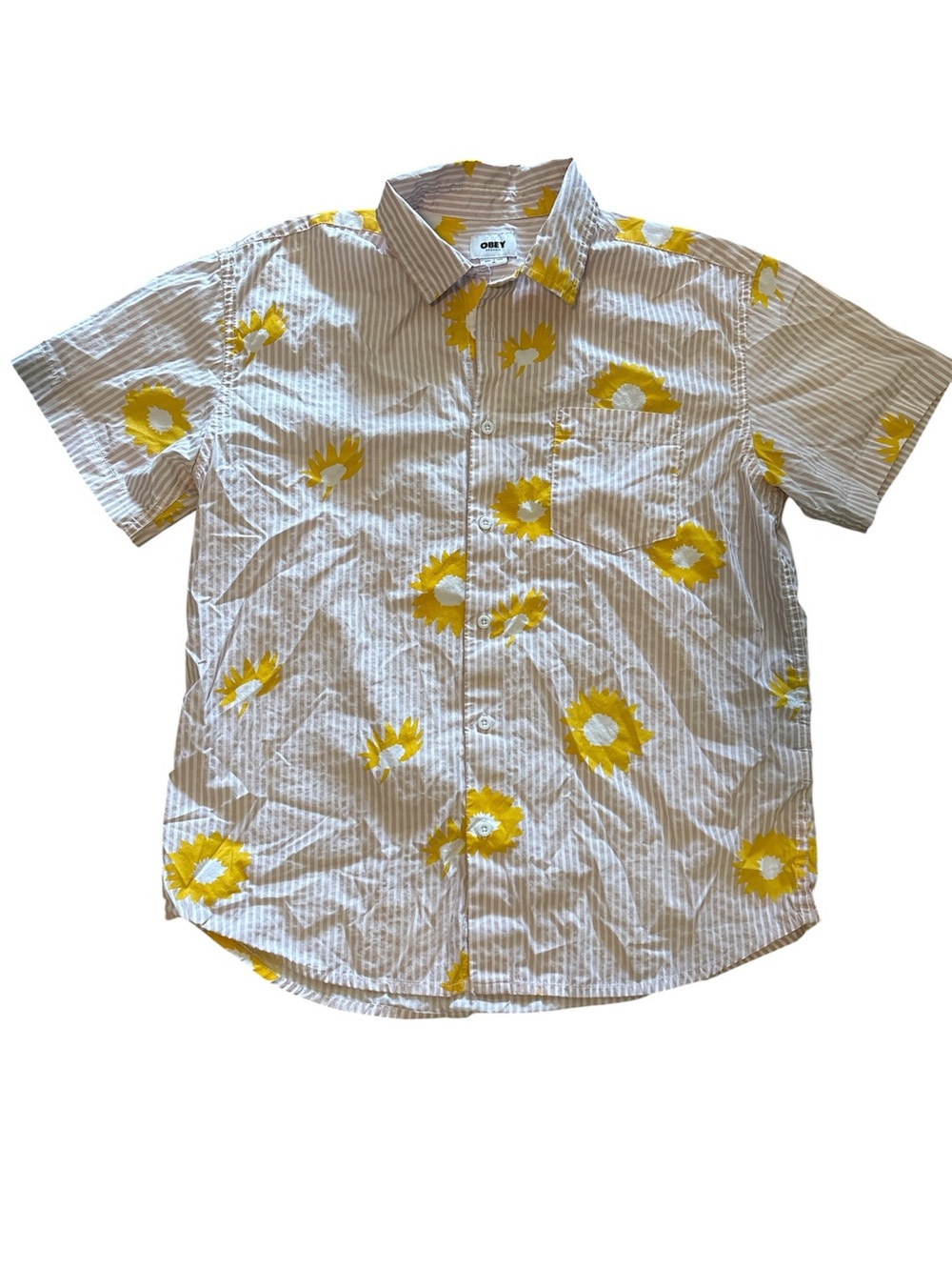 Obey Organic Men’s White Striped Short Sleeve Button-Up with Yellow Floral Print